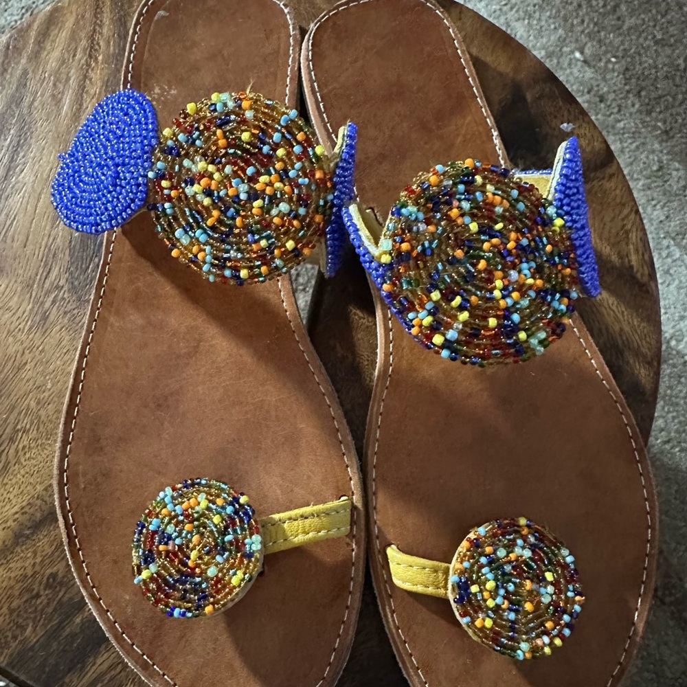 Beaded Brown and Blue Sandals